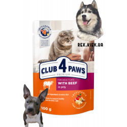 CLUB 4 PAWS Премиум "С говядина в желе". Полнорационный консервированный корм для взрослых кошек, 0,1 кг