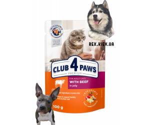 CLUB 4 PAWS Премиум "С говядина в желе". Полнорационный консервированный корм для взрослых кошек, 0,1 кг