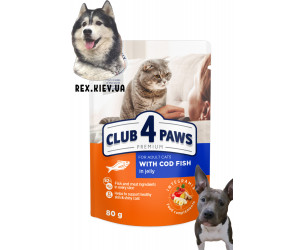 CLUB 4 PAWS Премиум "С треской в желе". Полнорационный консервированный корм для взрослых кошек, 0.08 кг