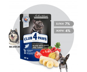 CLUB 4 PAWS Премиум "Кусочки с уткой и индейкой в соусе". Полнорационный консервированный корм для взрослых собак малых пород, 0,085 кг